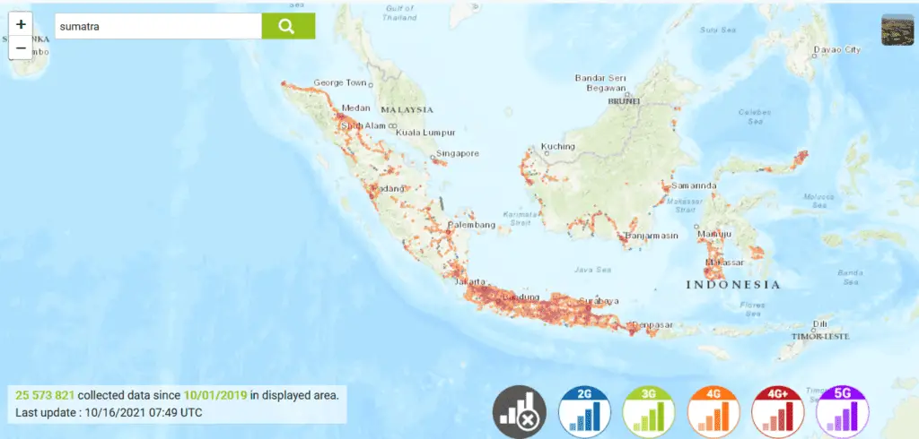 map showing 4g coverage in sumatra with the provider 3 tri
