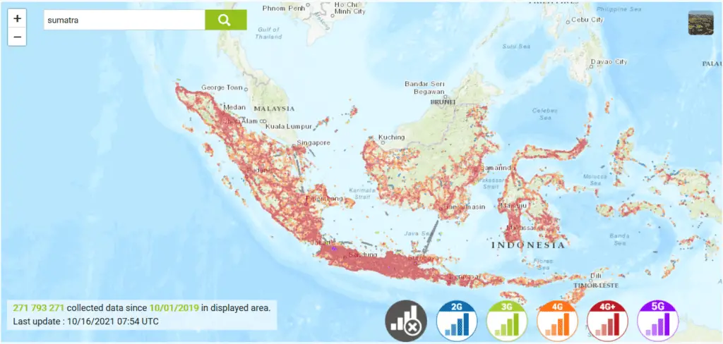 map showing 4G coverage in Sumatra with the provider Telcomsel
